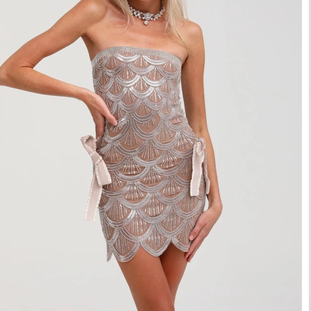 Strapless Scallop Sequin Mini Dress - Blush